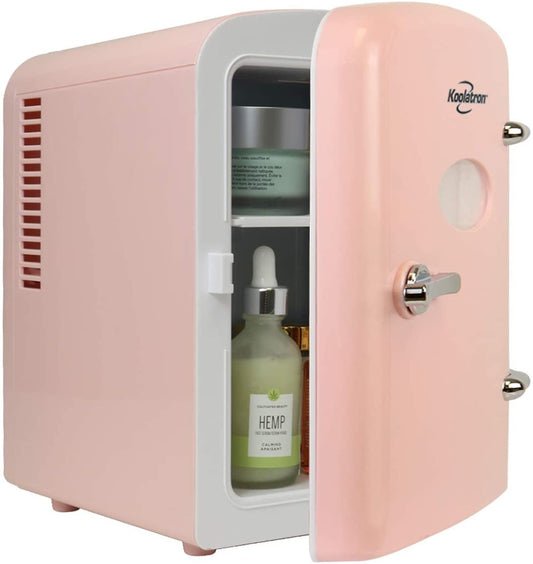 Koolatron Retro Mini Fridge for Bedroom Skincare Cosmatic Office Small Refrigerator Dorm Fridge 4L Compact Mini Refrigerator Personal Cooler Pink Ideal for Bedroom Travel and Beauty